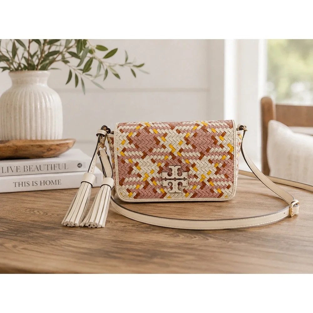Tory Burch Thea Woven Bag Leather Tassel Crossbody Pink Cream Yellow Geometric